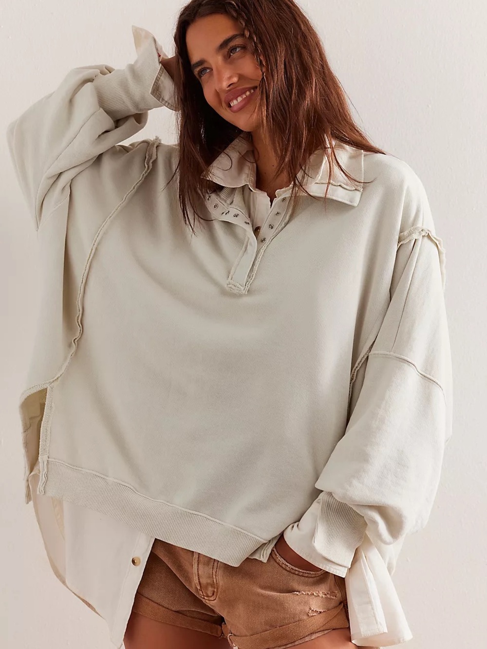 FREE PEOPLE WE THE FREE CAMDEN HENLEY SWEATSHIRT - GREY OPAL